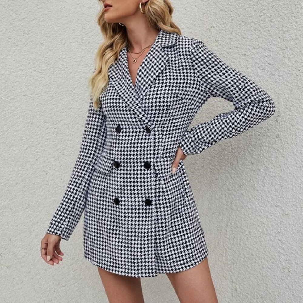 Houndstooth Print Double Breasted Blazer Dress or - Picture 4 of 6